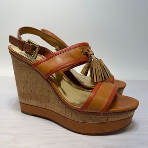 COACH Light Tan/ Bright C Guileietta Cork Wedge Sandals Womens Size 9B